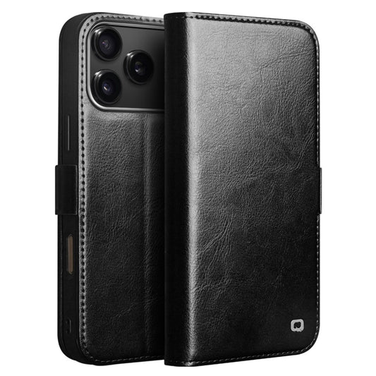QIALINO For iPhone 17 Pro Max Case with Card Holder Genuine Cow Leather Stand Phone Cover - Black