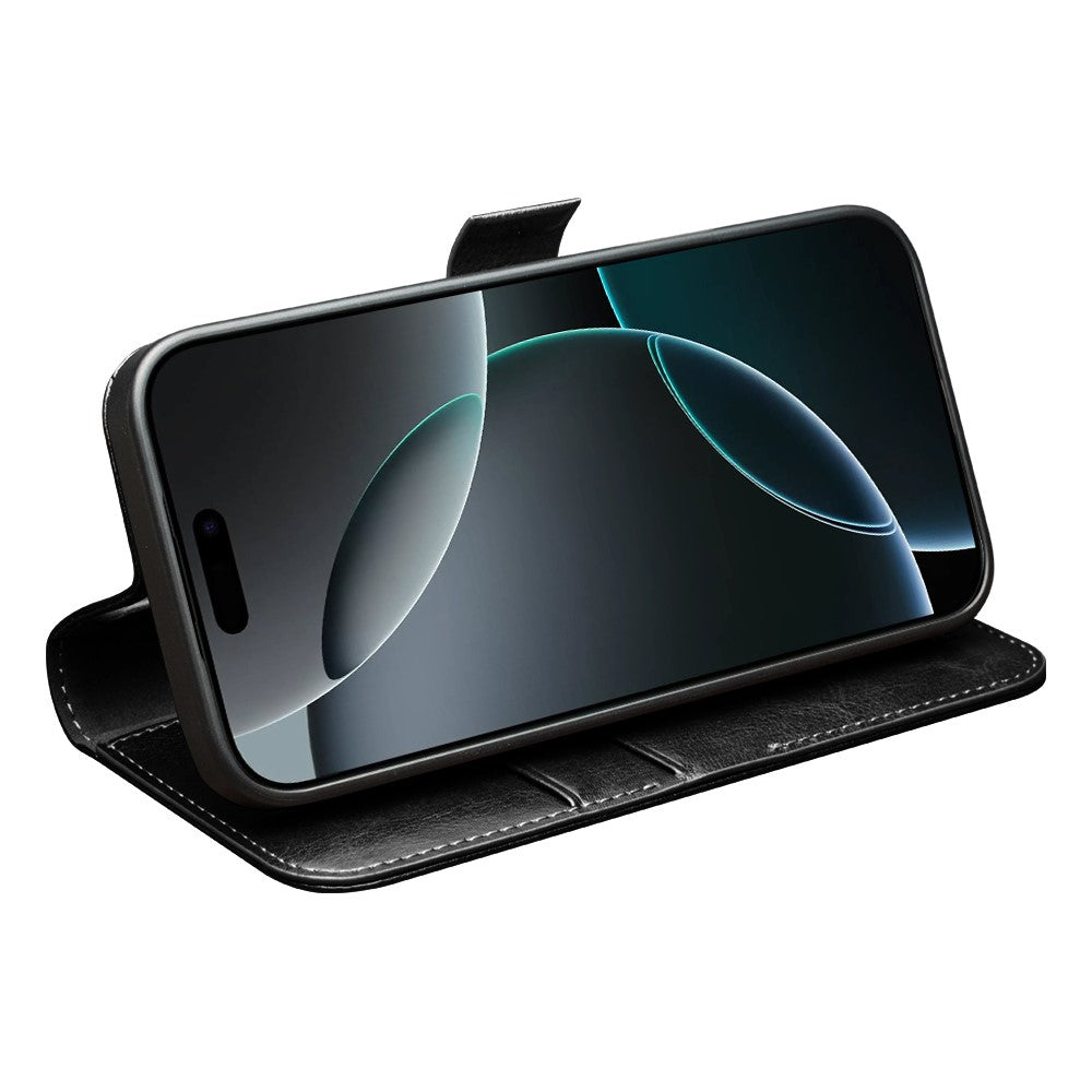 QIALINO For iPhone 17 Pro Max Case with Card Holder Genuine Cow Leather Stand Phone Cover - Black