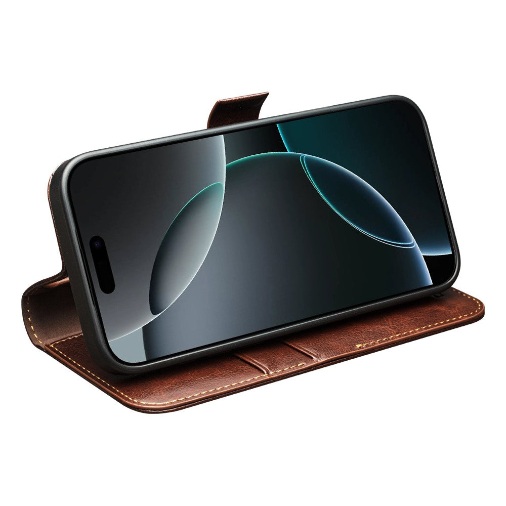 QIALINO For iPhone 17 Pro Max Case with Card Holder Genuine Cow Leather Stand Phone Cover - Brown