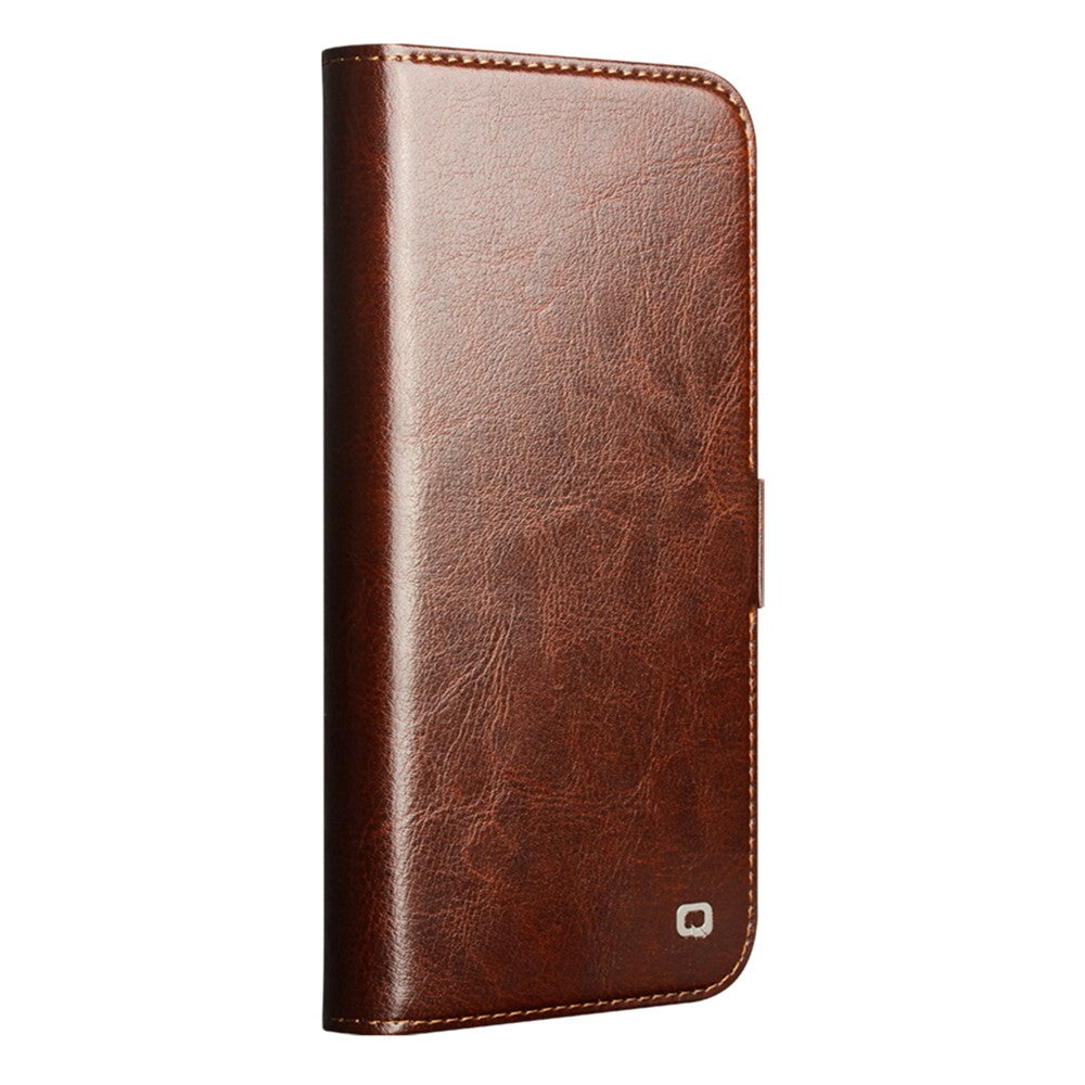 QIALINO For iPhone 17 Pro Max Case with Card Holder Genuine Cow Leather Stand Phone Cover - Brown