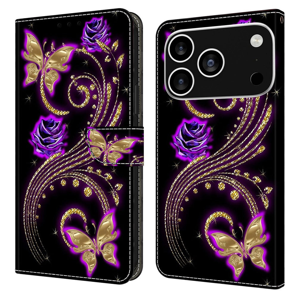 For iPhone 17 Pro Max Case 3D Pattern PU Leather Wallet Phone Cover with Stand - Purple Flowers / Butterflies