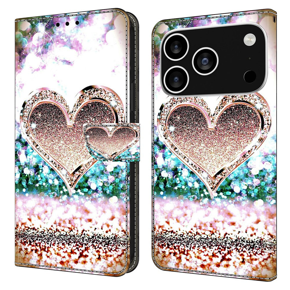 For iPhone 17 Pro Max Case 3D Pattern PU Leather Wallet Phone Cover with Stand - Pink Diamond Heart