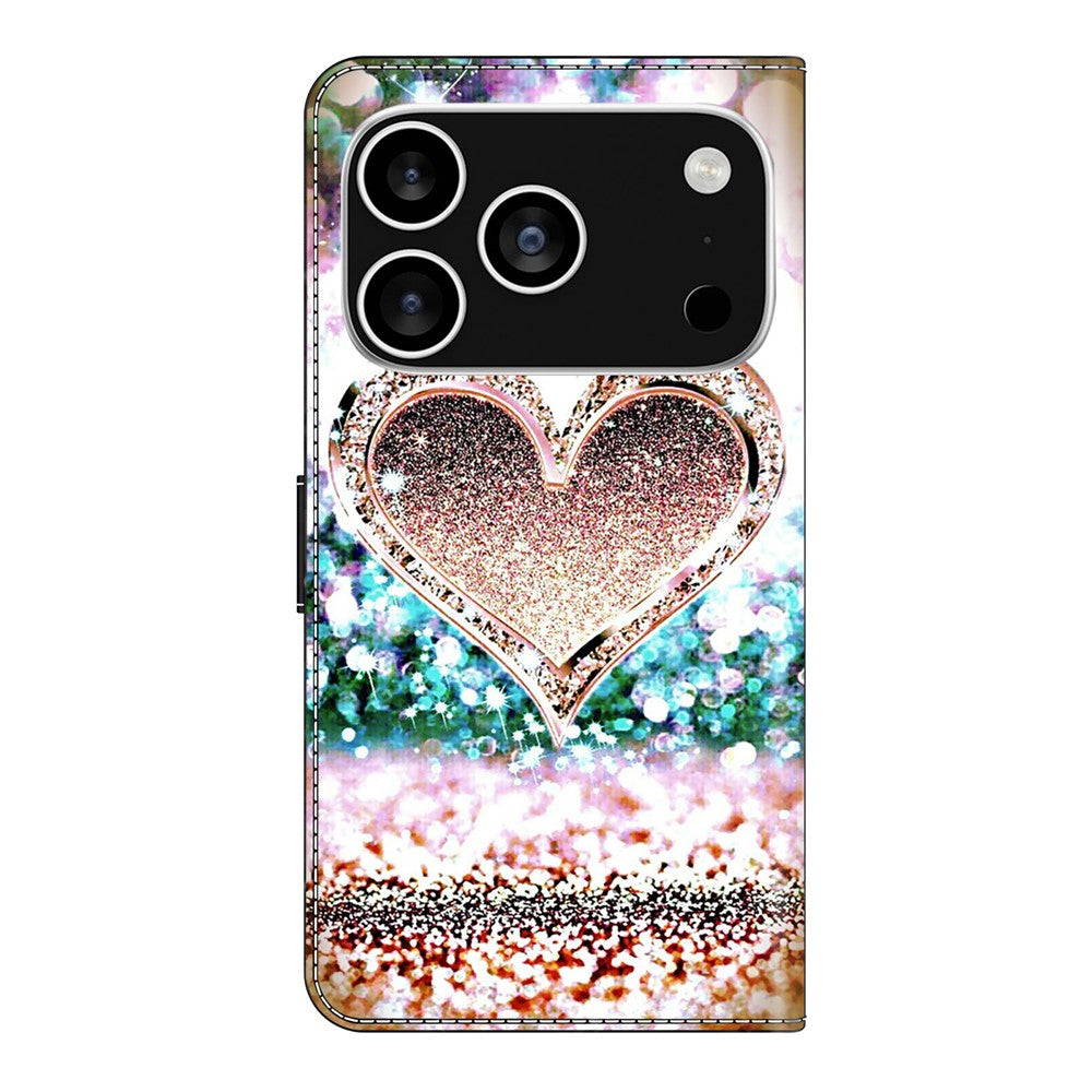 For iPhone 17 Pro Max Case 3D Pattern PU Leather Wallet Phone Cover with Stand - Pink Diamond Heart