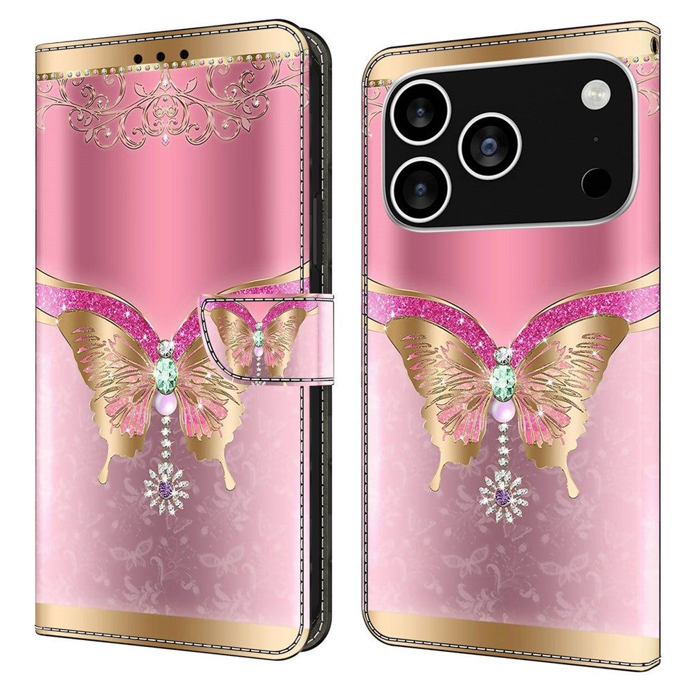 For iPhone 17 Pro Max Case 3D Pattern PU Leather Wallet Phone Cover with Stand - Pink  /  Gold Butterfly