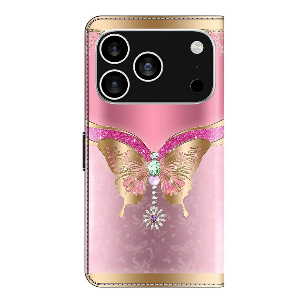 For iPhone 17 Pro Max Case 3D Pattern PU Leather Wallet Phone Cover with Stand - Pink  /  Gold Butterfly