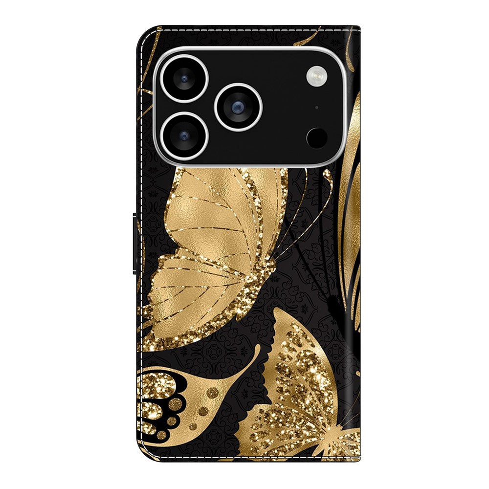For iPhone 17 Pro Max Case Magnetic Clasp 3D Pattern Leather Wallet Phone Cover - Golden Butterfly