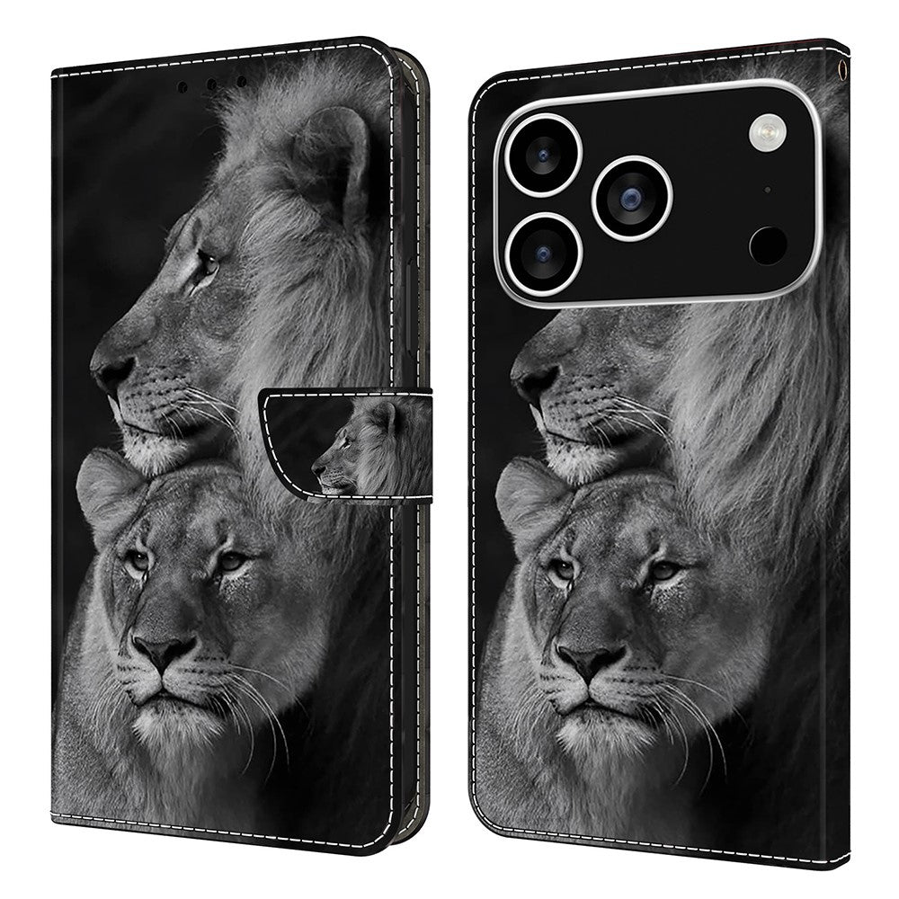 For iPhone 17 Pro Max Case Magnetic Clasp 3D Pattern Leather Wallet Phone Cover - Couple Lions