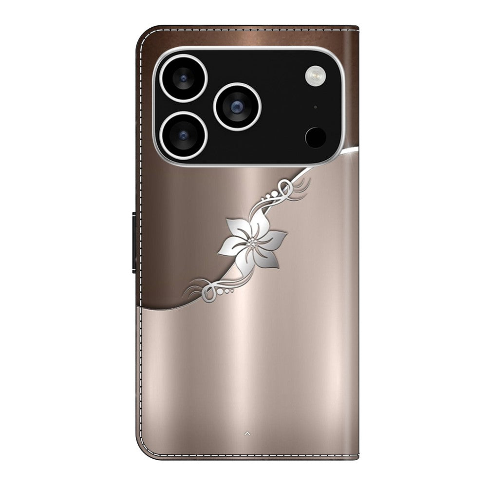 For iPhone 17 Pro Max Case Magnetic Clasp 3D Pattern Leather Wallet Phone Cover - Silver Flower