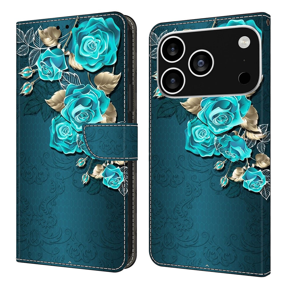 For iPhone 17 Pro Max Case Magnetic Clasp 3D Pattern Leather Wallet Phone Cover - Blue Rose