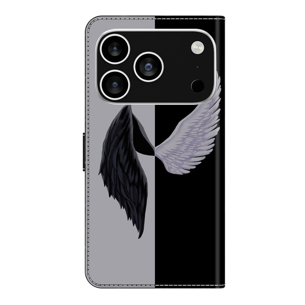 For iPhone 17 Pro Max Case Magnetic Clasp 3D Pattern Leather Wallet Phone Cover - Black / White Wings