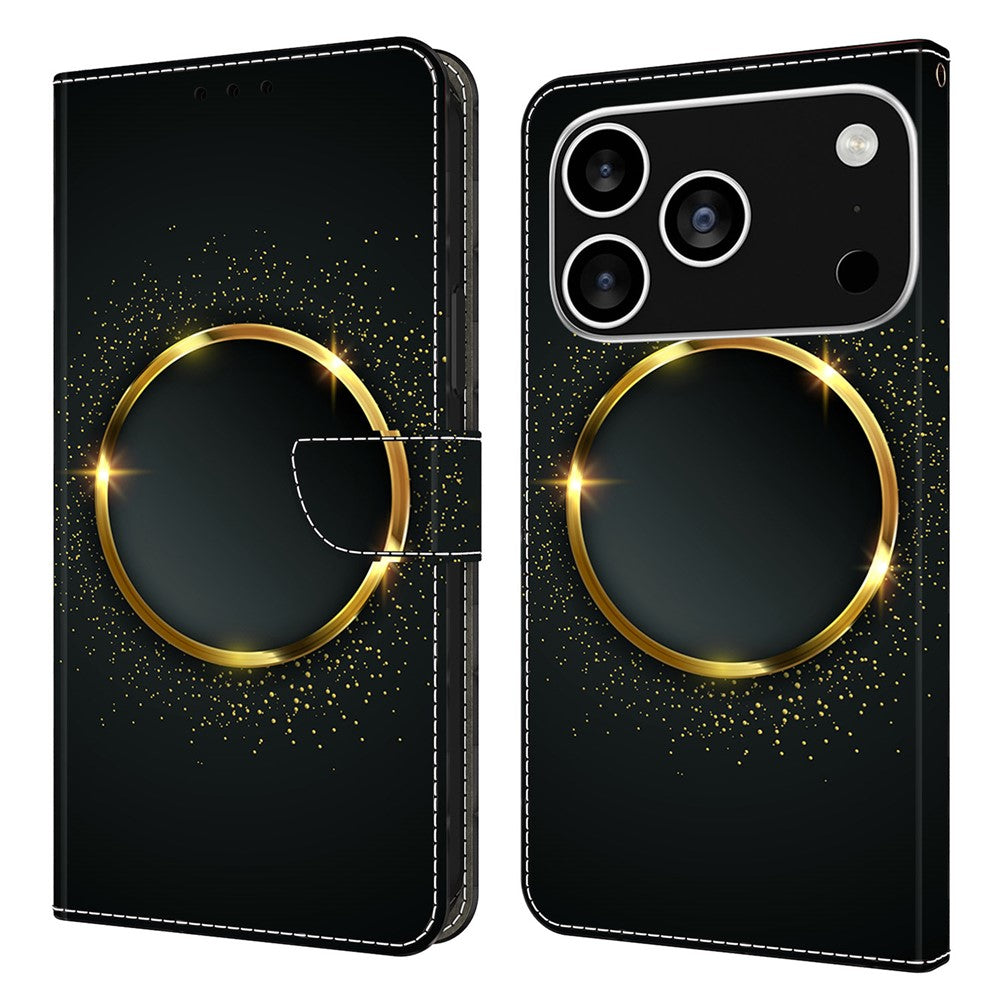 For iPhone 17 Pro Max Case PU Leather Wallet Phone Cover with Stand - Gold Ring