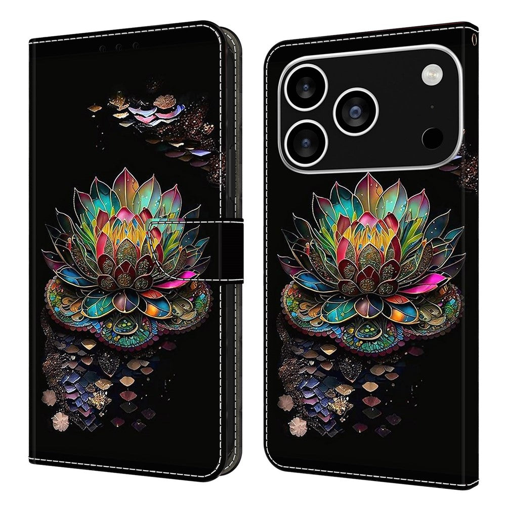 For iPhone 17 Pro Max Case with Card Slot Pattern Printed TPU + PU Leather Flip Phone Cover - Lotus