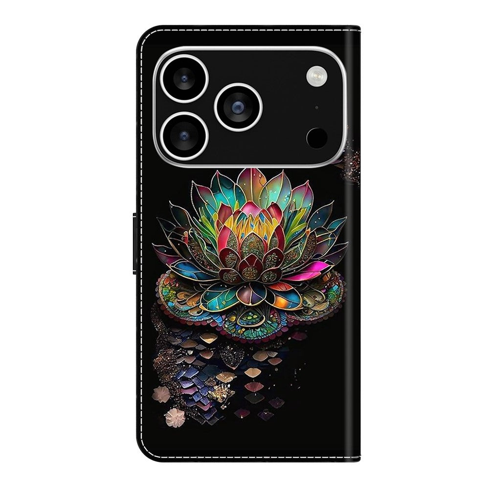 For iPhone 17 Pro Max Case with Card Slot Pattern Printed TPU + PU Leather Flip Phone Cover - Lotus