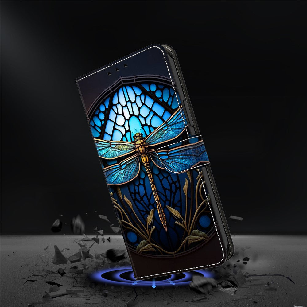 For iPhone 17 Pro Max Case with Card Slot Pattern Printed TPU + PU Leather Flip Phone Cover - Blue Dragonfly