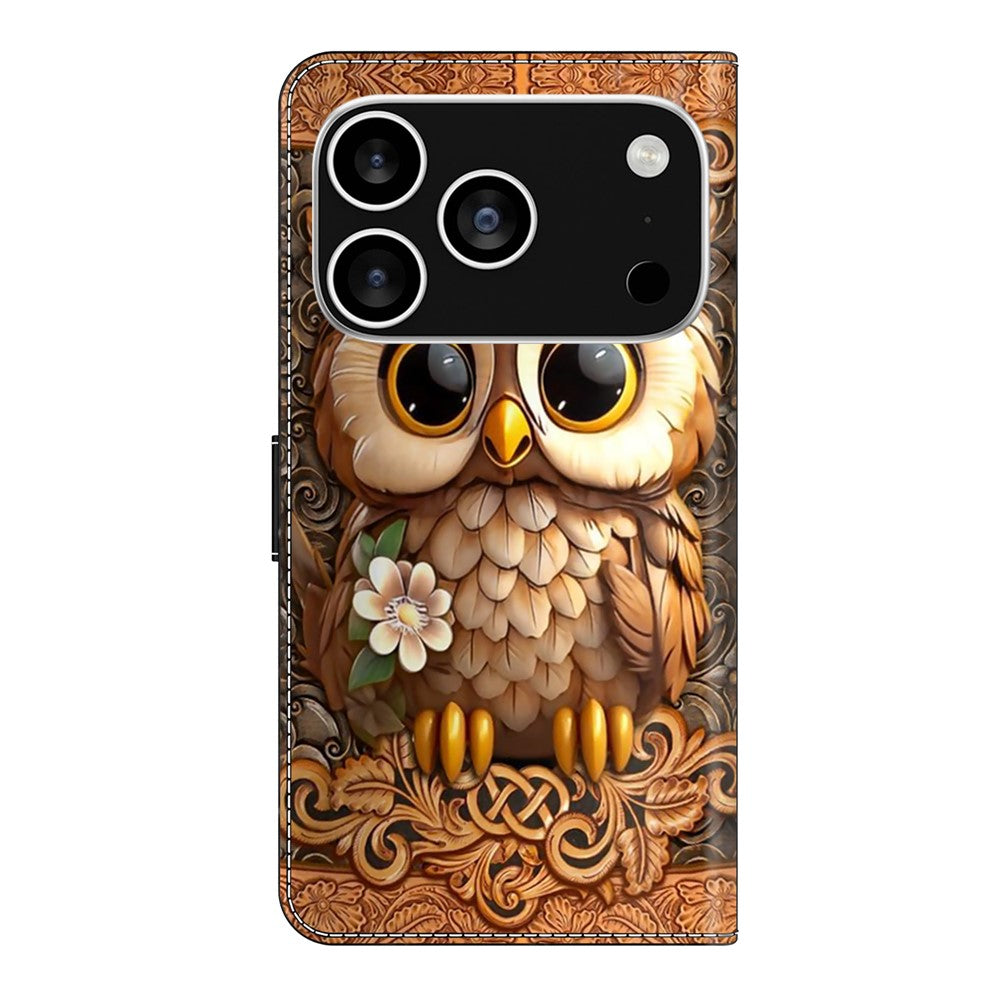 For iPhone 17 Pro Max Case with Card Slot Pattern Printed TPU + PU Leather Flip Phone Cover - Red Owl