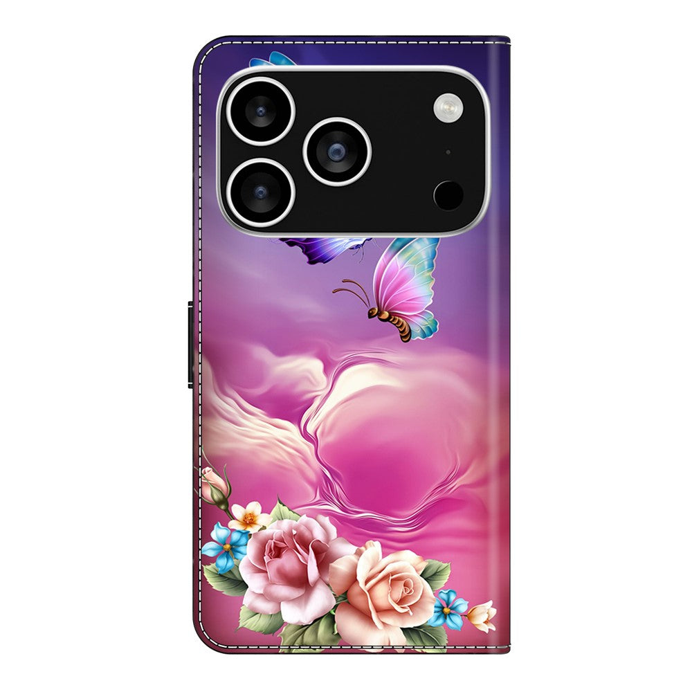 For iPhone 17 Pro Max Case with Card Slot Pattern Printed TPU + PU Leather Flip Phone Cover - Butterfly Flower