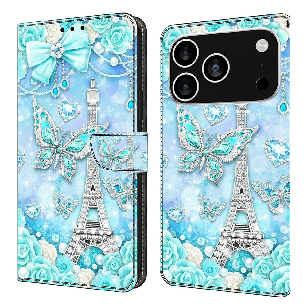 For iPhone 17 Pro Max Wallet Case Pattern Printing Stand Leather Flip Phone Cover - Butterfly Cobalt Tower