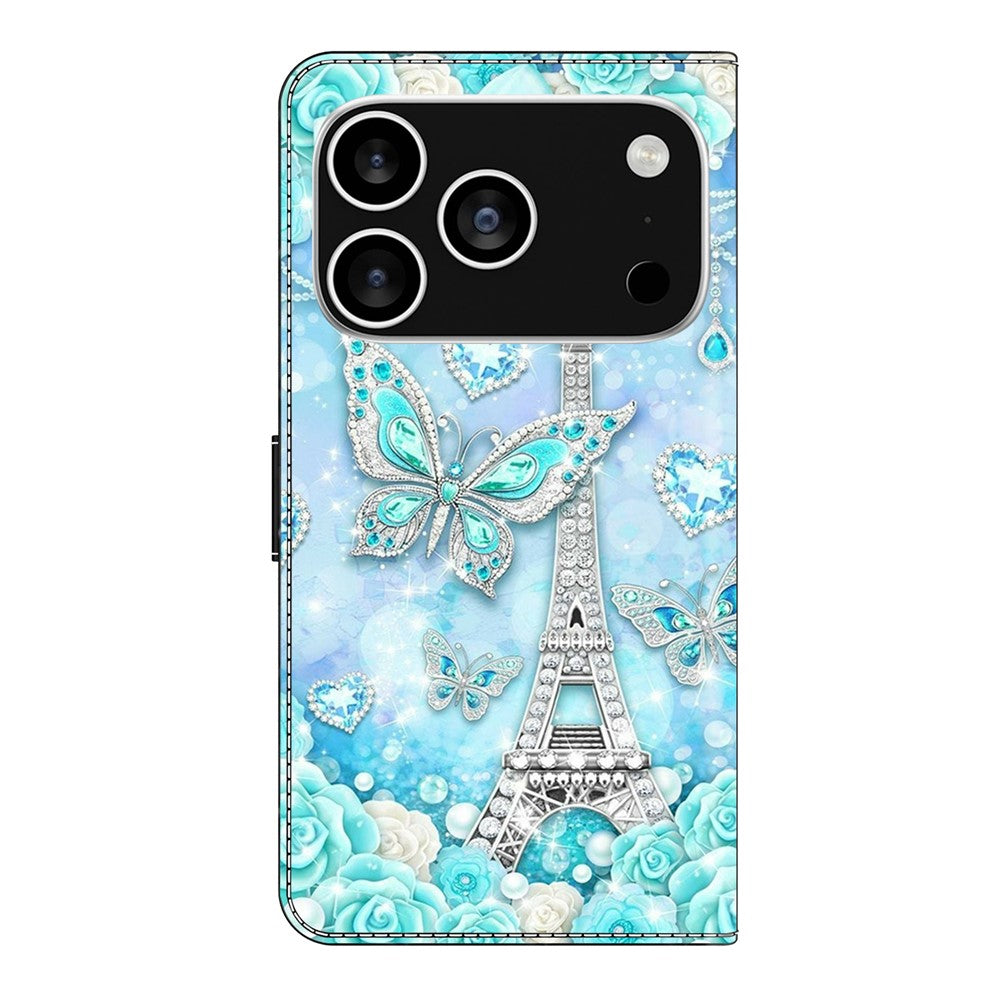 For iPhone 17 Pro Max Wallet Case Pattern Printing Stand Leather Flip Phone Cover - Butterfly Cobalt Tower