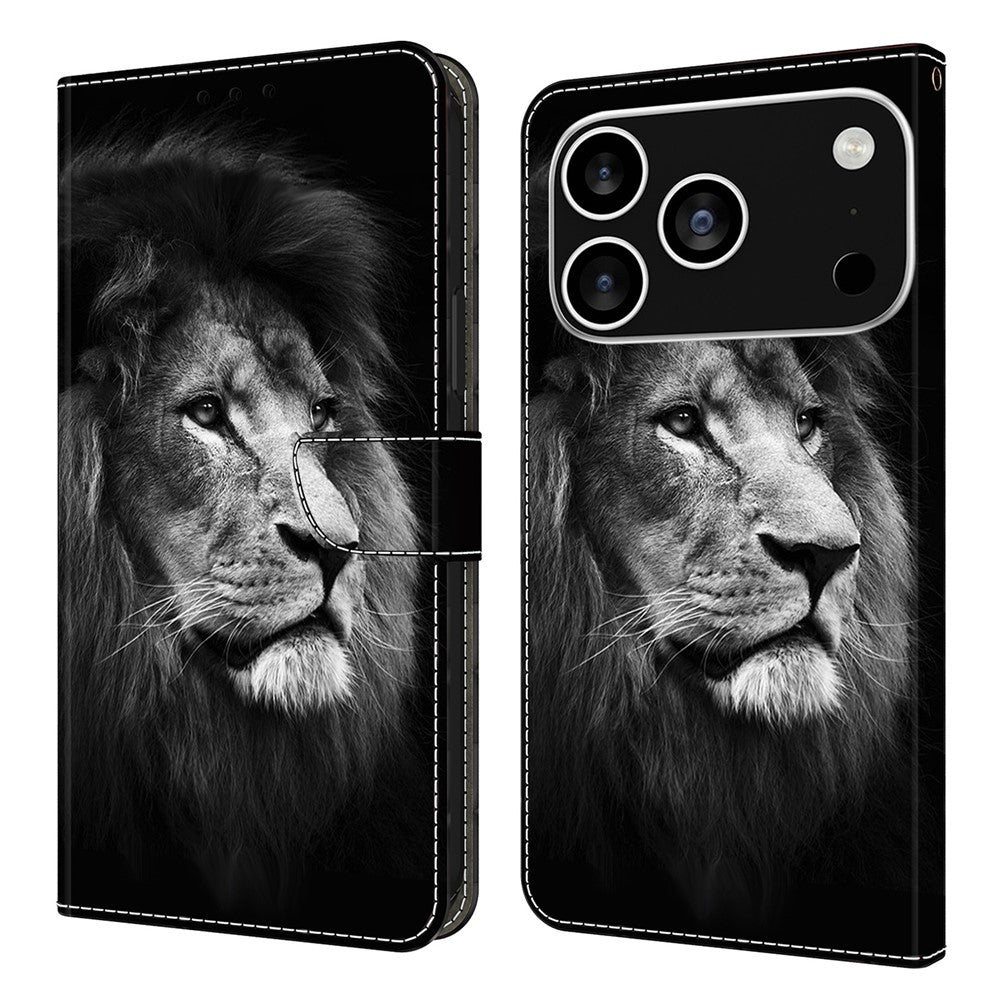 For iPhone 17 Pro Max Wallet Case Pattern Printing Stand Leather Flip Phone Cover - Lion