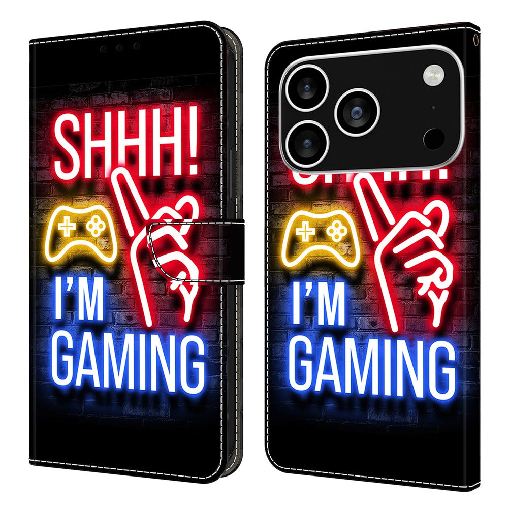 For iPhone 17 Pro Max Wallet Case Pattern Printing Stand Leather Flip Phone Cover - Neon