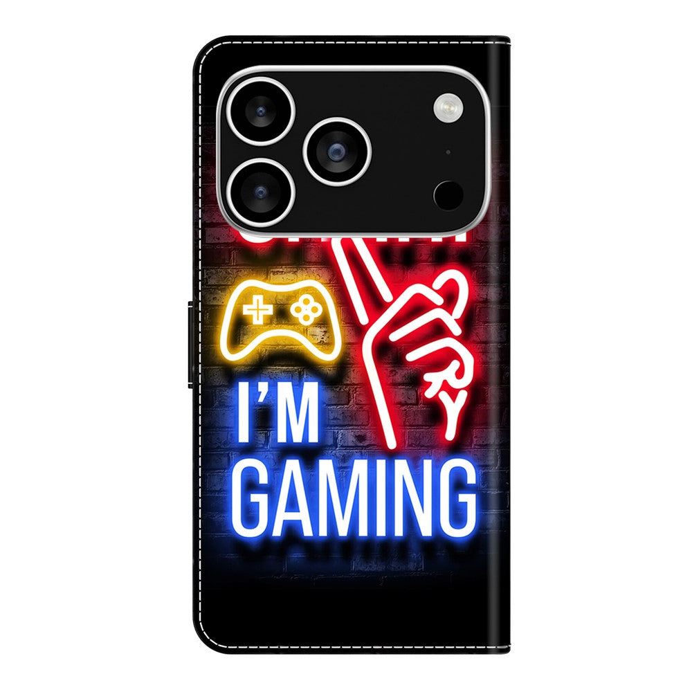 For iPhone 17 Pro Max Wallet Case Pattern Printing Stand Leather Flip Phone Cover - Neon