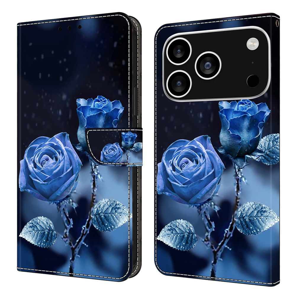 For iPhone 17 Pro Max Wallet Case Pattern Printing Stand Leather Flip Phone Cover - Blue Roses