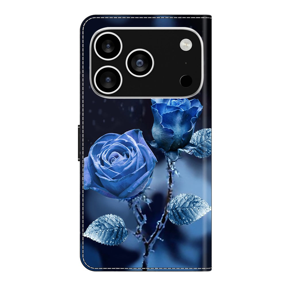 For iPhone 17 Pro Max Wallet Case Pattern Printing Stand Leather Flip Phone Cover - Blue Roses
