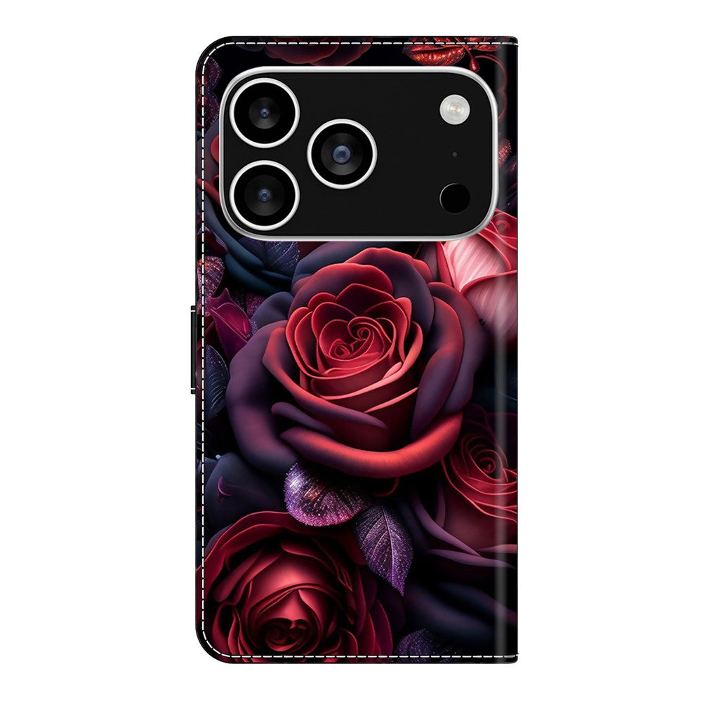 For iPhone 17 Pro Max Wallet Case Pattern Printing Stand Leather Flip Phone Cover - Black Rose
