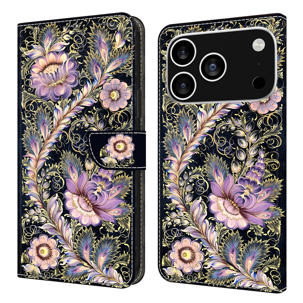 For iPhone 17 Pro Max Wallet Case Pattern Printing Stand Leather Flip Phone Cover - Vintage Gold Pin