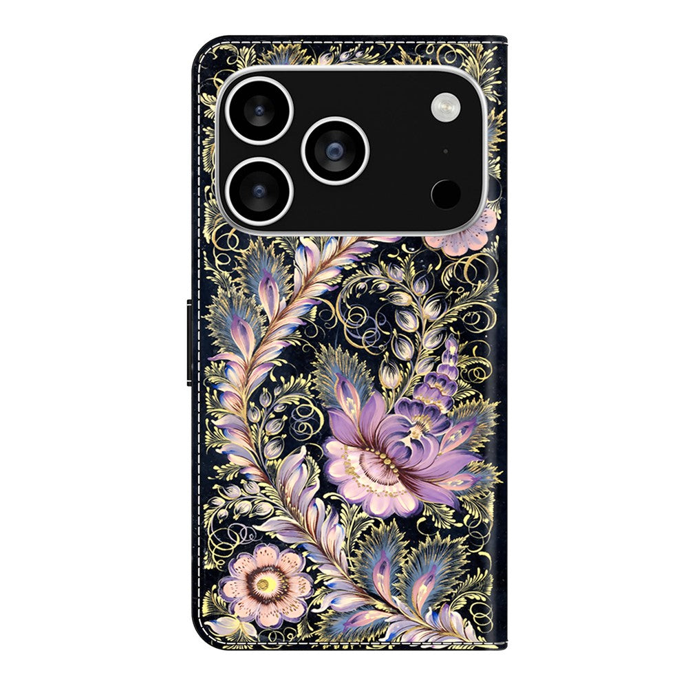 For iPhone 17 Pro Max Wallet Case Pattern Printing Stand Leather Flip Phone Cover - Vintage Gold Pin