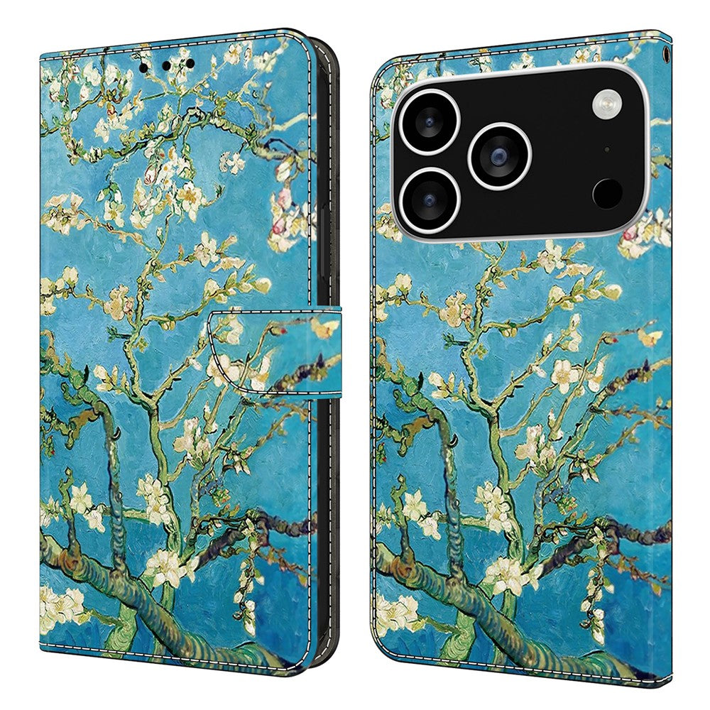 For iPhone 17 Pro Max Leather Case Pattern Printing Wallet Stand Flip Phone Cover - Apricot Blossom