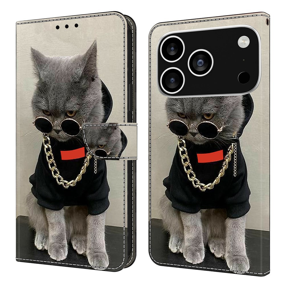 For iPhone 17 Pro Max Leather Case Pattern Printing Wallet Stand Flip Phone Cover - Cat with Glasses and Necklace