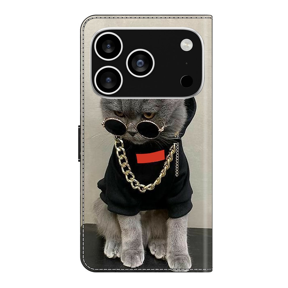 For iPhone 17 Pro Max Leather Case Pattern Printing Wallet Stand Flip Phone Cover - Cat with Glasses and Necklace