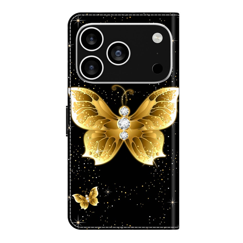 For iPhone 17 Pro Max Leather Case Pattern Printing Wallet Stand Flip Phone Cover - Golden Butterflies