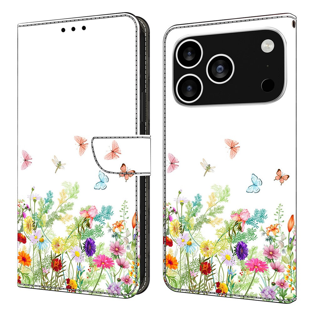 For iPhone 17 Pro Max Leather Case Pattern Printing Wallet Stand Flip Phone Cover - Flowers and Grass