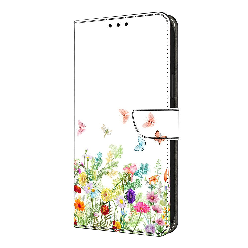 For iPhone 17 Pro Max Leather Case Pattern Printing Wallet Stand Flip Phone Cover - Flowers and Grass