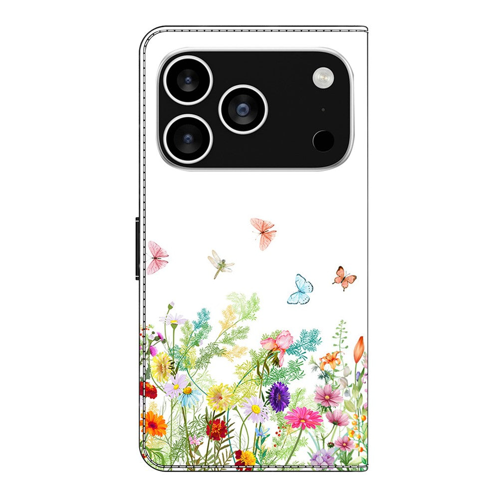 For iPhone 17 Pro Max Leather Case Pattern Printing Wallet Stand Flip Phone Cover - Flowers and Grass