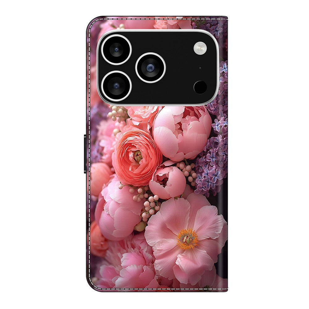 For iPhone 17 Pro Max Leather Case Pattern Printing Wallet Stand Flip Phone Cover - Ranunculaceae