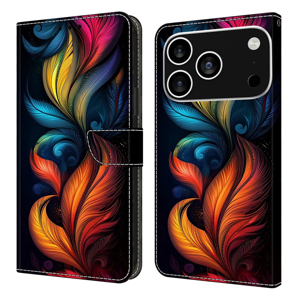 For iPhone 17 Pro Max Leather Case Pattern Printing Wallet Stand Flip Phone Cover - Colorful Feathers