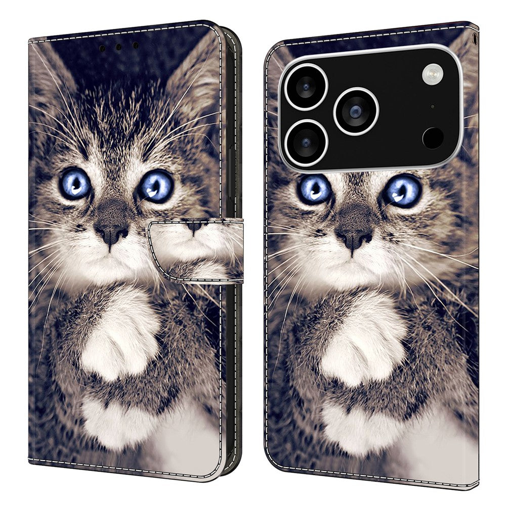 For iPhone 17 Pro Max Leather Case Pattern Printing Wallet Stand Flip Phone Cover - Hand-holding Cat