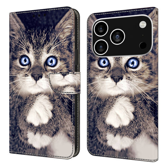 For iPhone 17 Pro Max Leather Case Pattern Printing Wallet Stand Flip Phone Cover - Hand-holding Cat