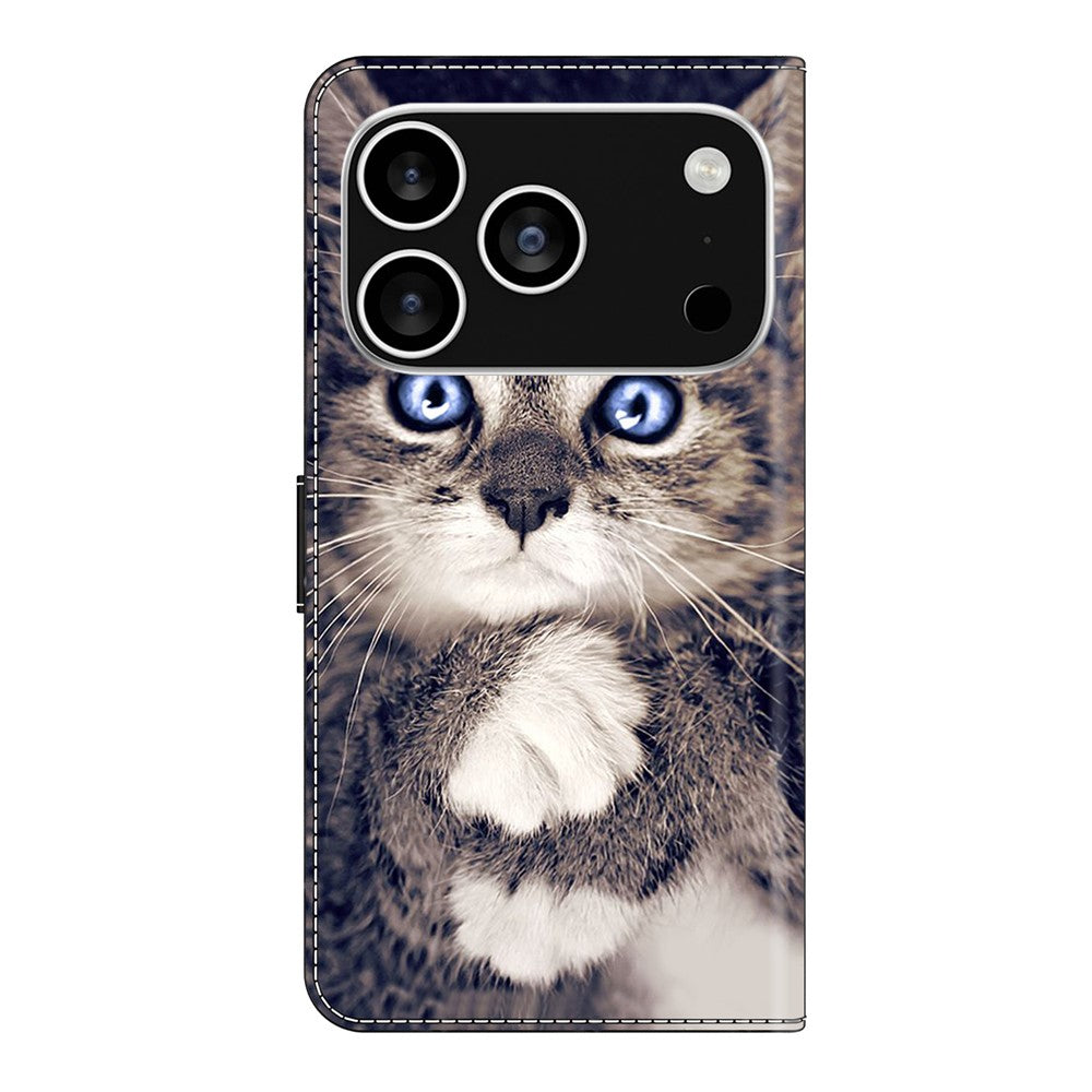 For iPhone 17 Pro Max Leather Case Pattern Printing Wallet Stand Flip Phone Cover - Hand-holding Cat