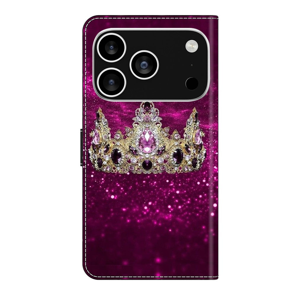 For iPhone 17 Pro Max Case Wallet Stand Pattern Printing PU Leather Flip Phone Cover - Purple Diamond Crown