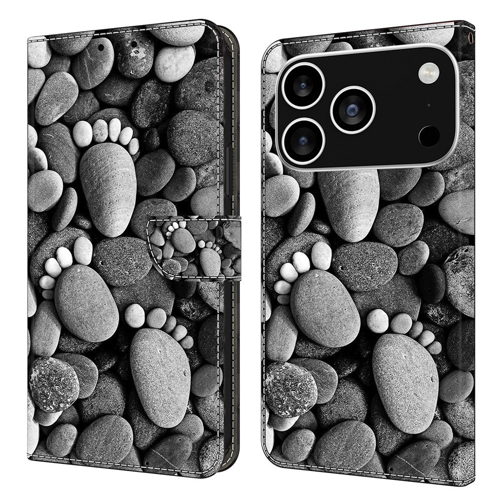 For iPhone 17 Pro Max Case Wallet Stand Pattern Printing PU Leather Flip Phone Cover - Stone Footprints