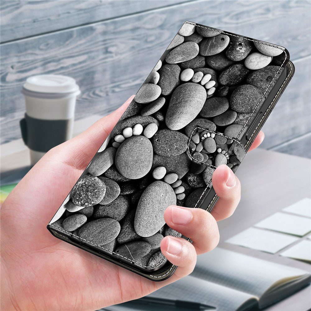 For iPhone 17 Pro Max Case Wallet Stand Pattern Printing PU Leather Flip Phone Cover - Stone Footprints