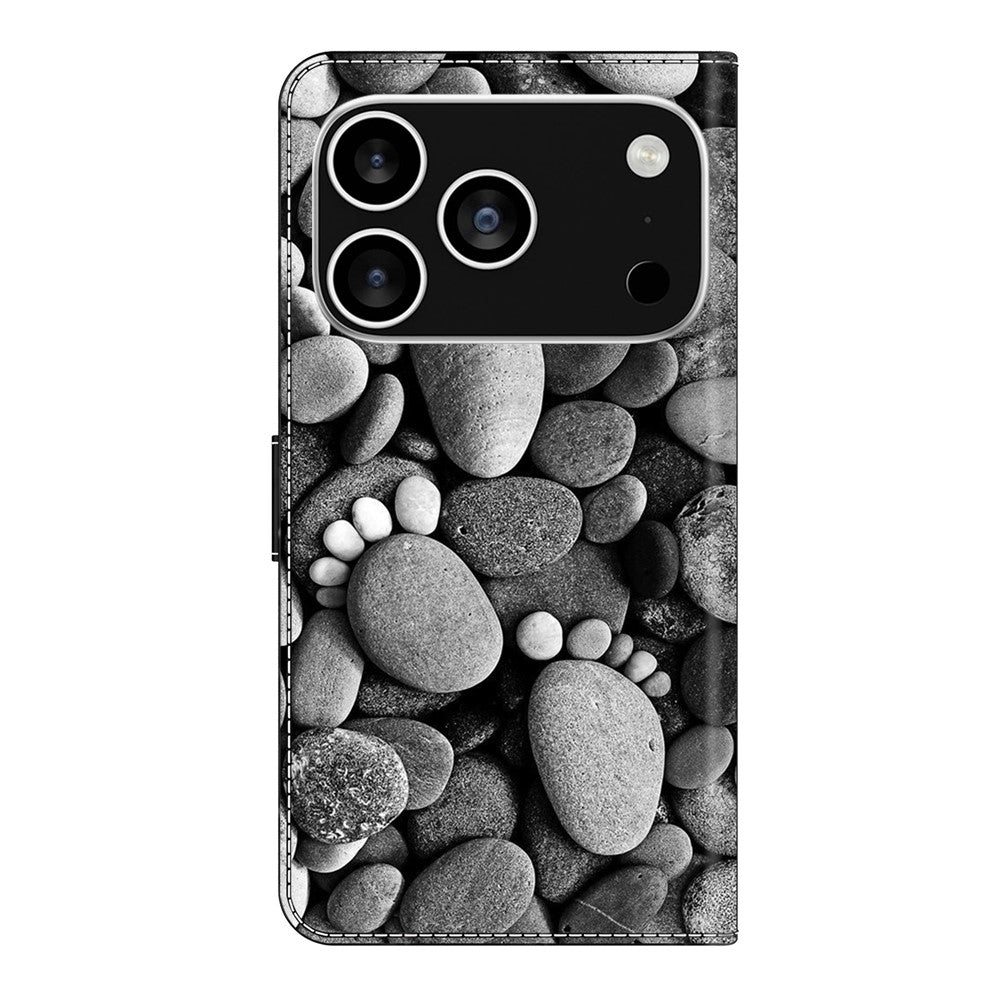 For iPhone 17 Pro Max Case Wallet Stand Pattern Printing PU Leather Flip Phone Cover - Stone Footprints