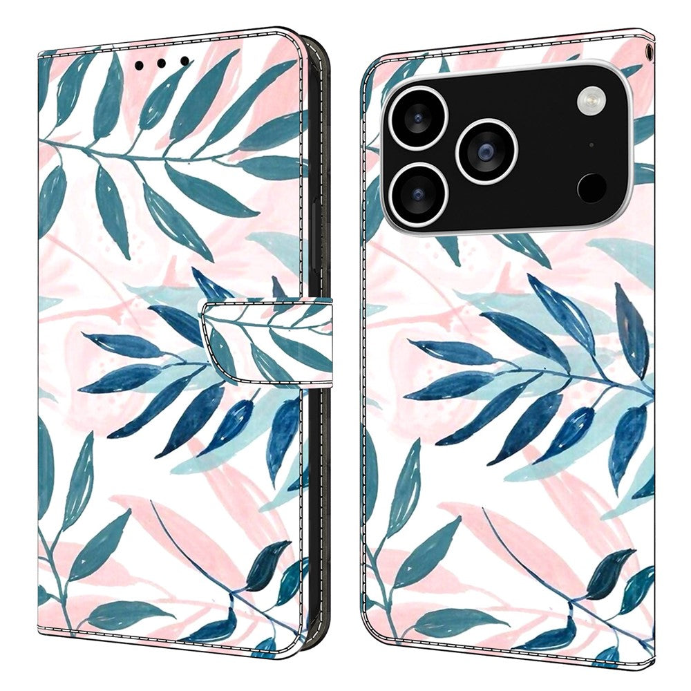 For iPhone 17 Pro Max Case Wallet Stand Pattern Printing PU Leather Flip Phone Cover - Watercolor Leaves
