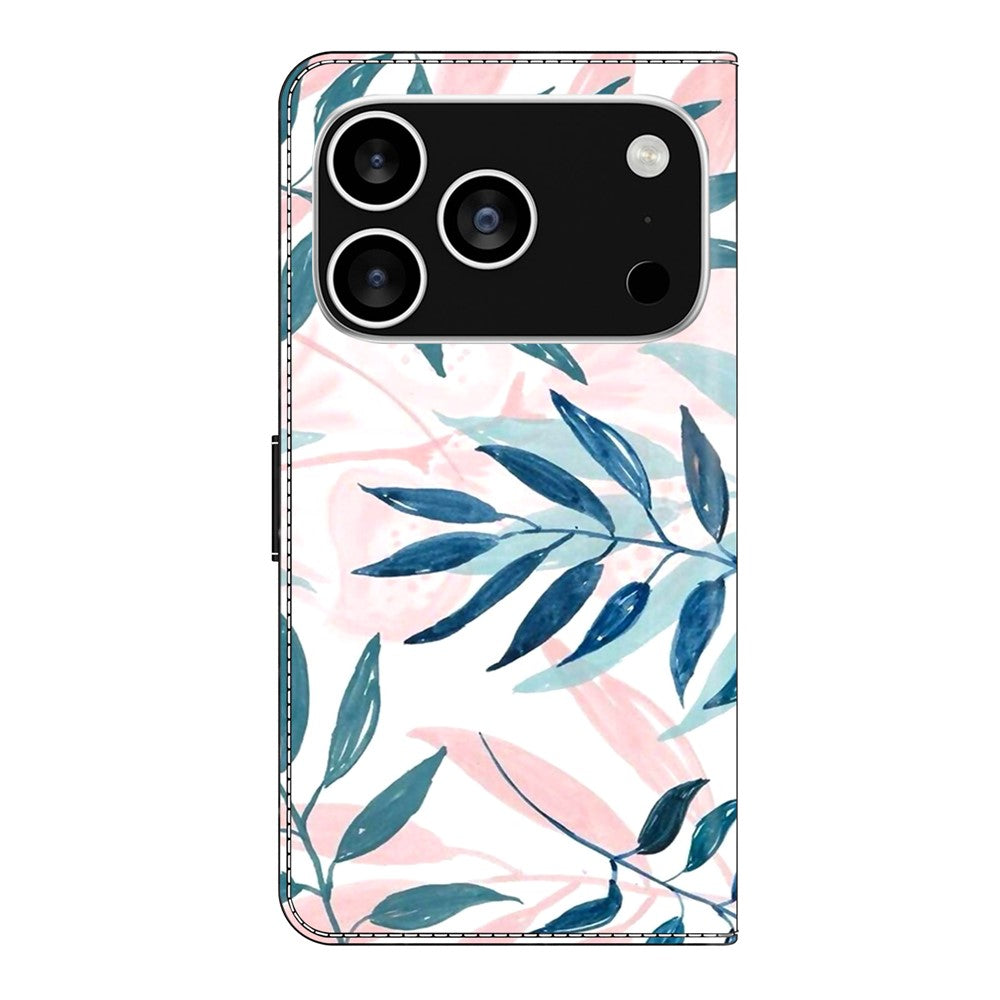 For iPhone 17 Pro Max Case Wallet Stand Pattern Printing PU Leather Flip Phone Cover - Watercolor Leaves