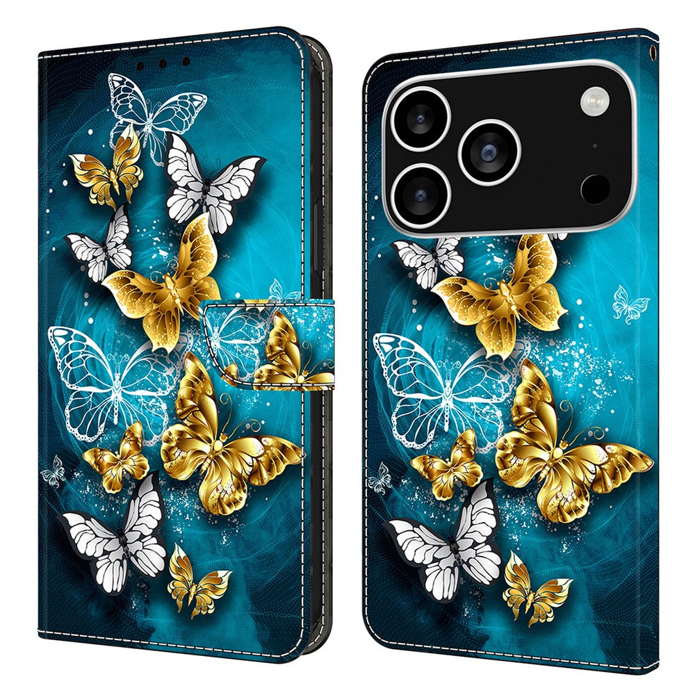For iPhone 17 Pro Max Case Wallet Stand Pattern Printing PU Leather Flip Phone Cover - Gold Butterfly on Green