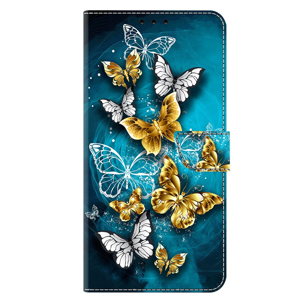 For iPhone 17 Pro Max Case Wallet Stand Pattern Printing PU Leather Flip Phone Cover - Gold Butterfly on Green